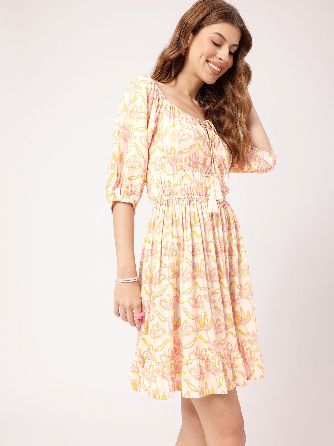 DressBerry Dreamy Holiday Floral Printed Cinched Waist Off-Shoulder A-Line Mini Dress