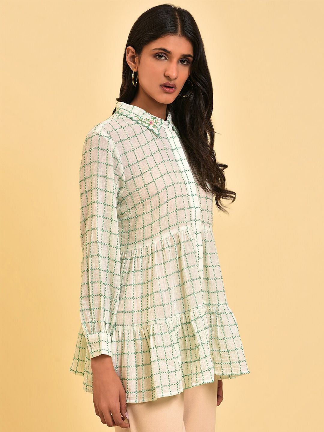 W White Checked Pure Cotton Shirt Style Top