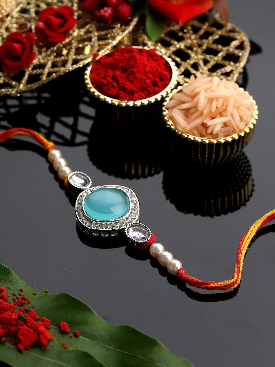 Rakhi Bertampal Batu Bersalut Perak PANASH Dengan Roli Chawal