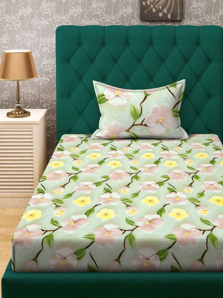 Moda Rapido X KLOTTHE Green & Pink Floral 400 TC Single Bedsheet with 1 Pillow Covers