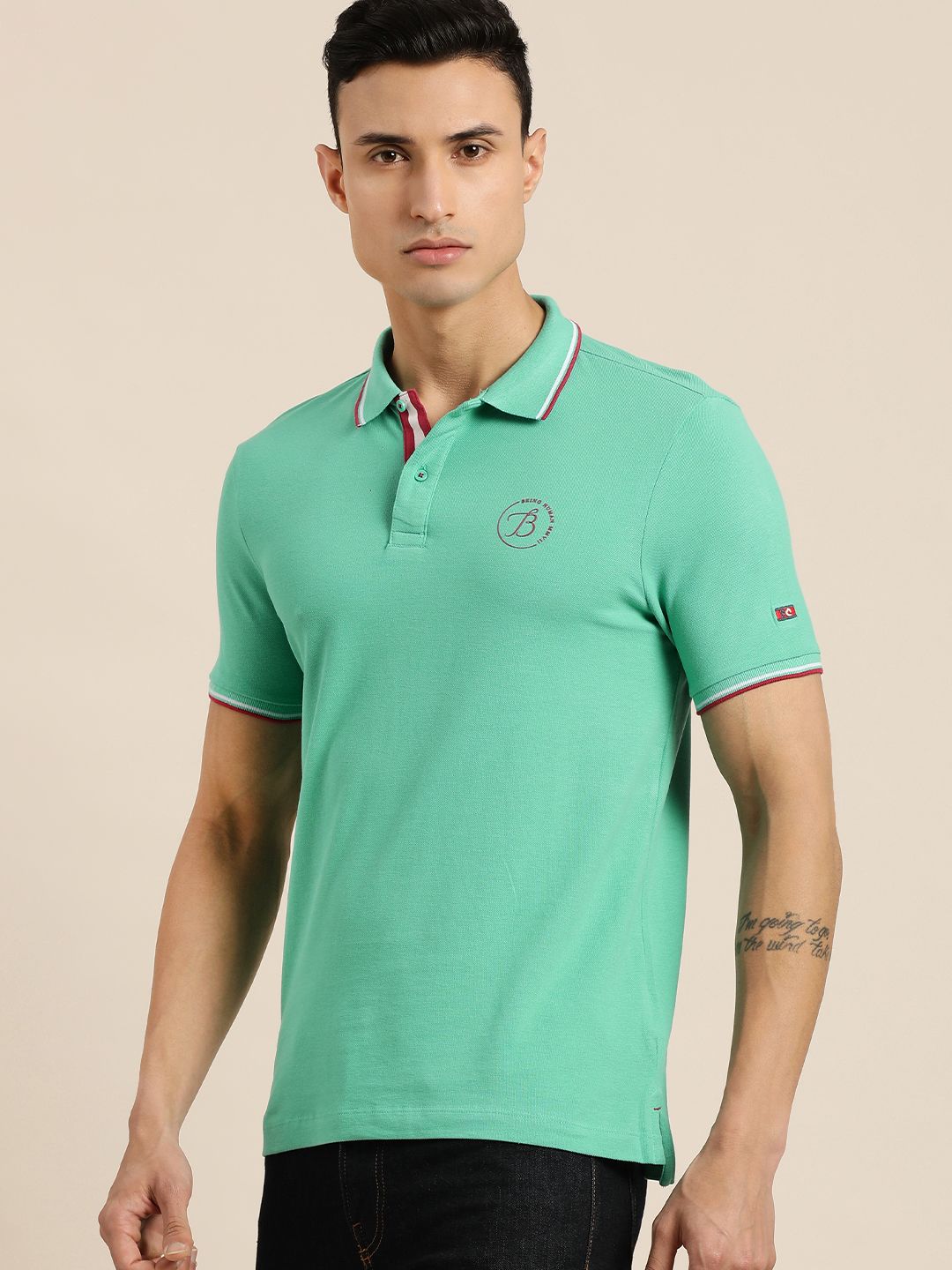 Being Human Men Sea Green Polo Collar Pure Cotton Slim Fit T-shirt With Brand Logo Print
