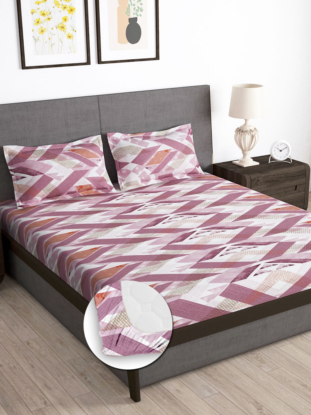 Story@home Pink 180 TC Abstract Queen Fitted Bedsheet With 2 Pillow Covers
