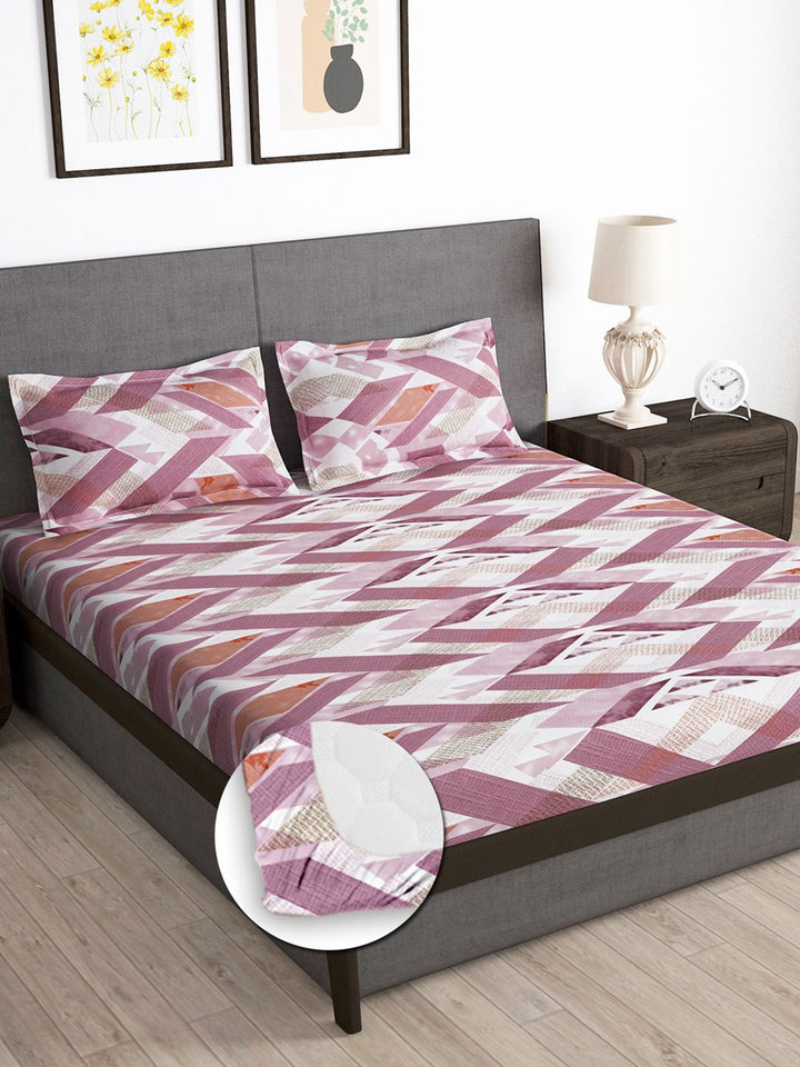 Story@home Pink 180 TC Abstract Queen Fitted Bedsheet With 2 Pillow Covers