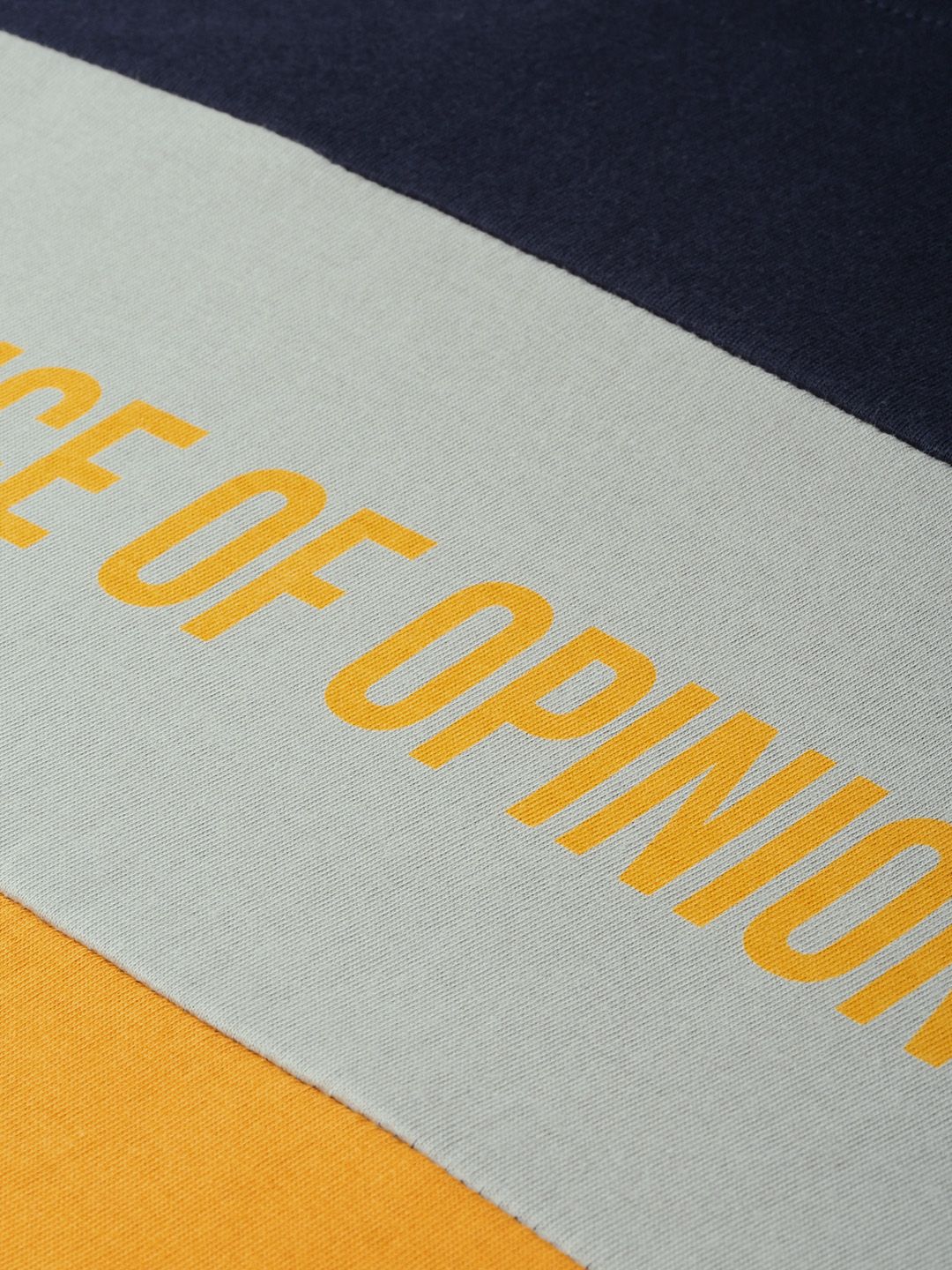 Difference of Opinion Men Navy Blue & Mustard Yellow Colourblocked Round Neck Pure Cotton T-shirt