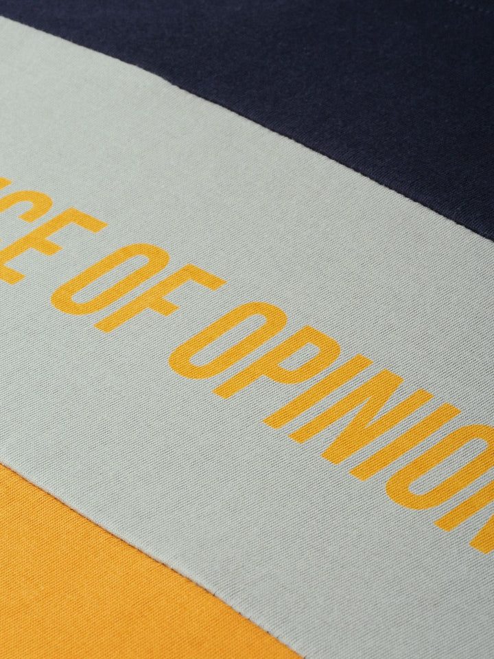 Difference of Opinion Men Navy Blue & Mustard Yellow Colourblocked Round Neck Pure Cotton T-shirt