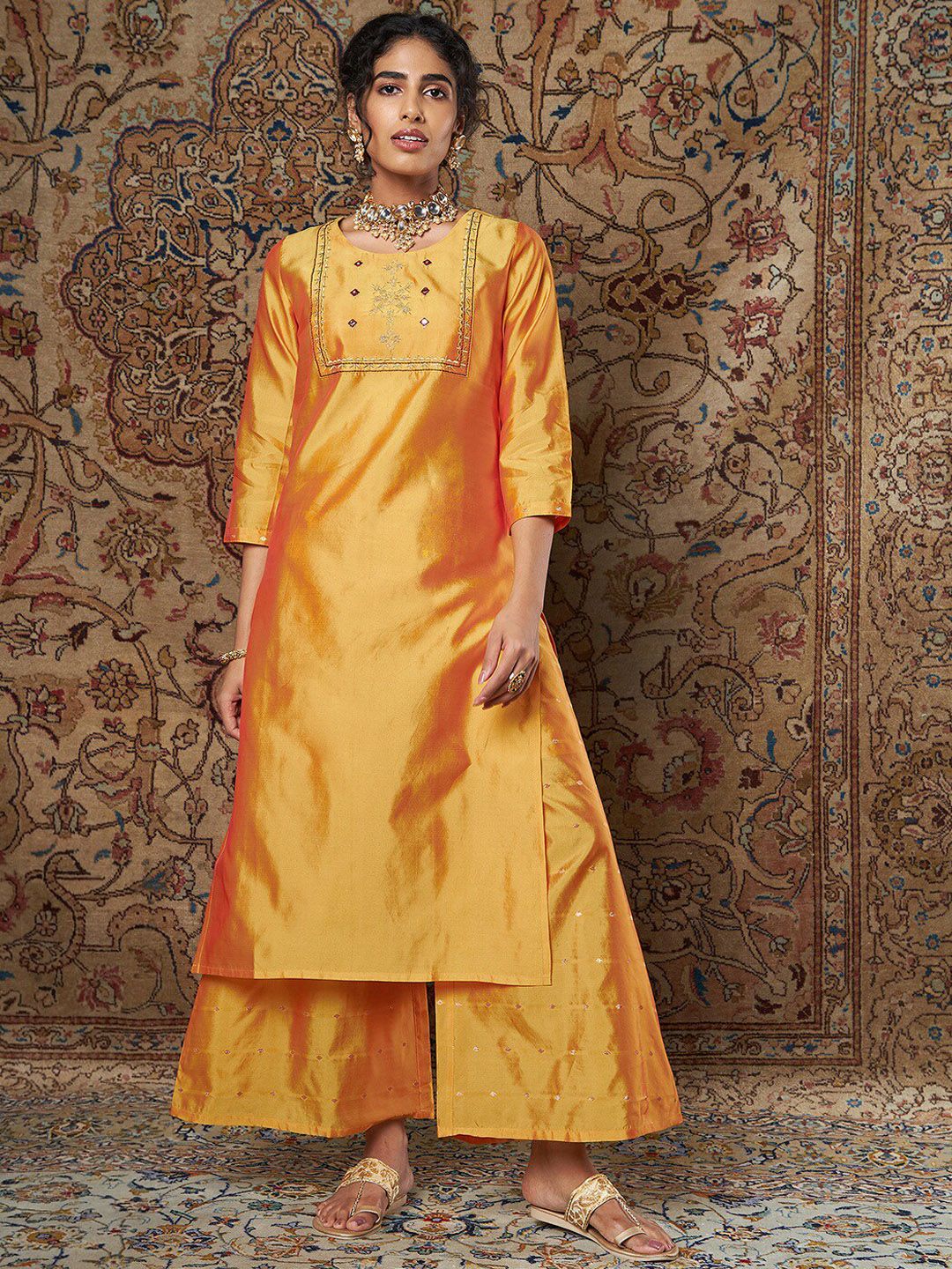 Shae by SASSAFRAS Women Mustard Yellow Ethnic Motifs Embroidered Thread Work Kurta with Palazzos