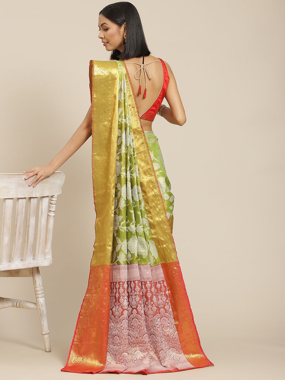 Silk Land Green & Red Floral Zari Ikat Saree