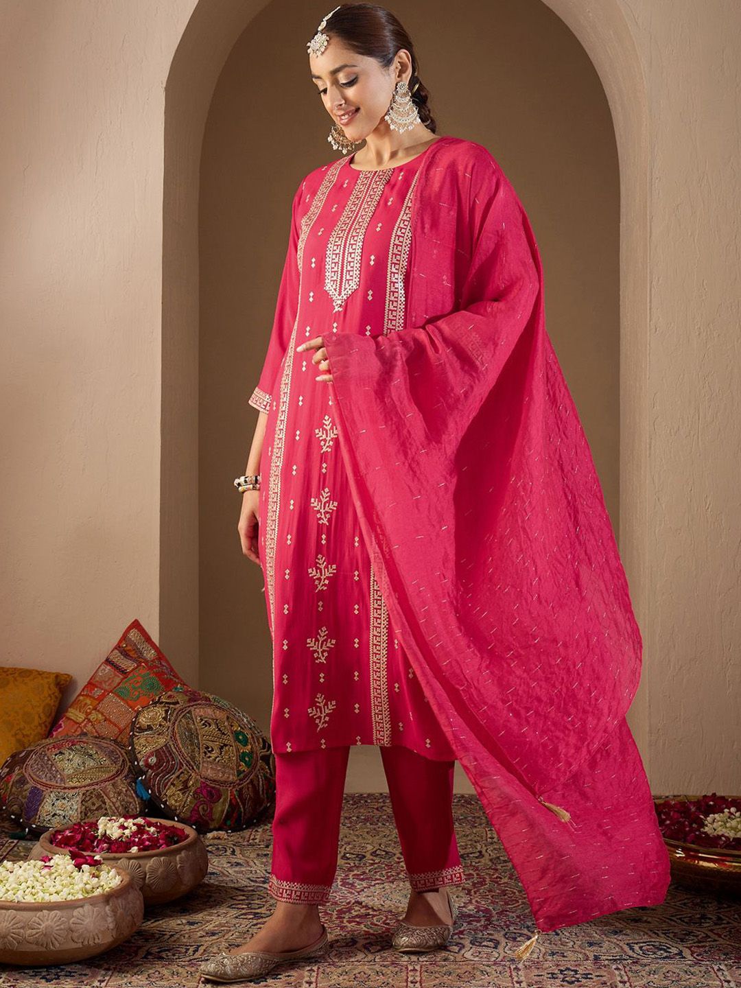 Indo Era Women Ethnic Motifs Embroidered Regular Sequinned Kurta with Trousers & With Dupatta