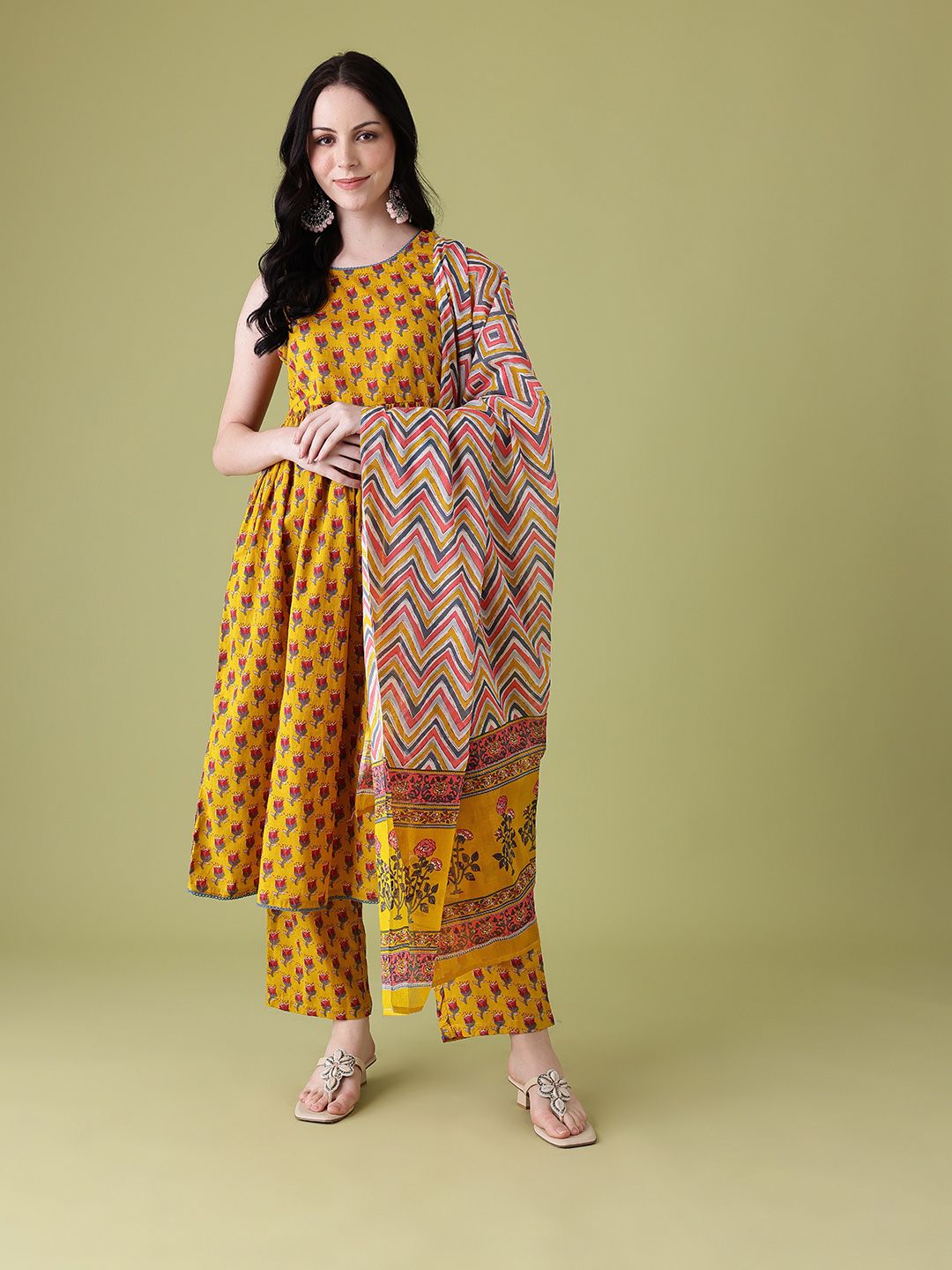 Anouk Floral Print Pleated Pure Cotton Kurta with Trousers & Dupatta