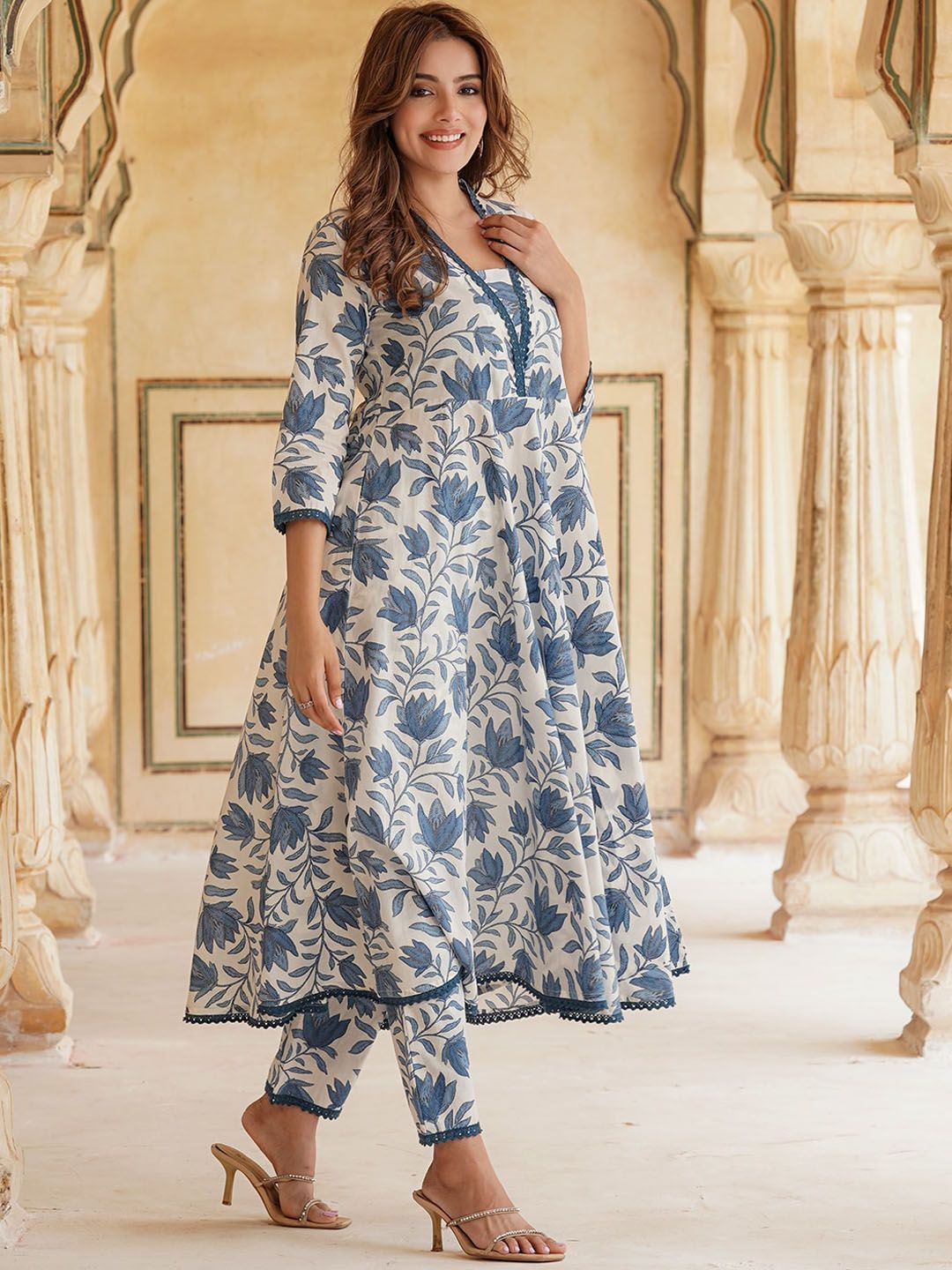 KALINI Floral Printed Square Neck Pure Cotton Anarkali Kurta with Trousers & Dupatta