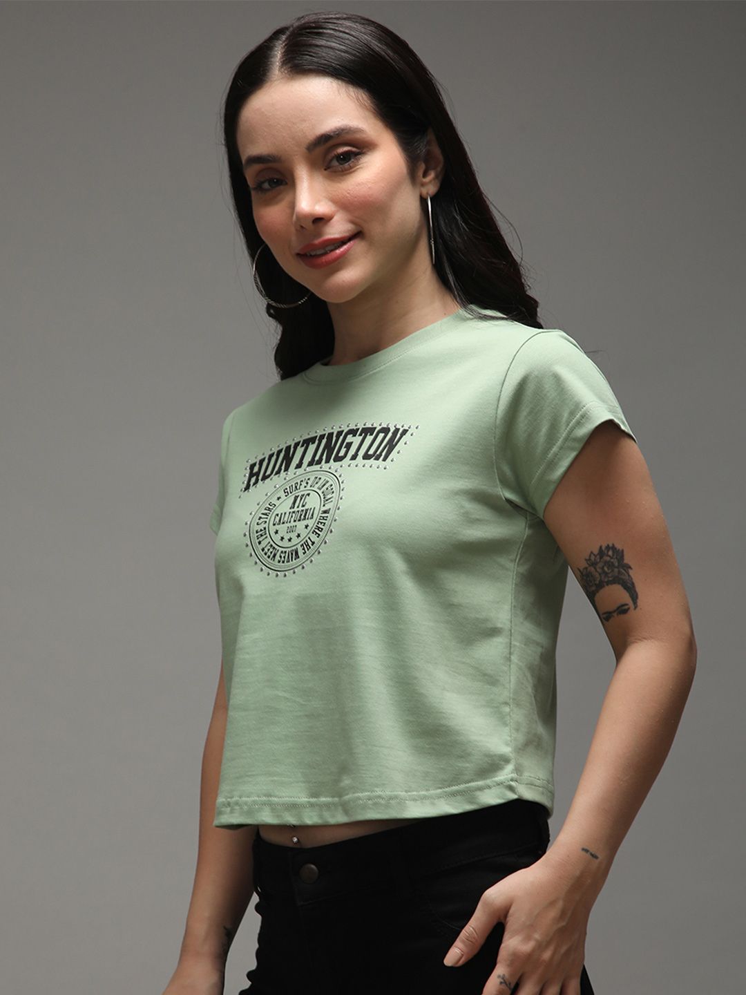 DILLINGER Women Regular Cropped Crew Neck Varsity Printed Tshirt
