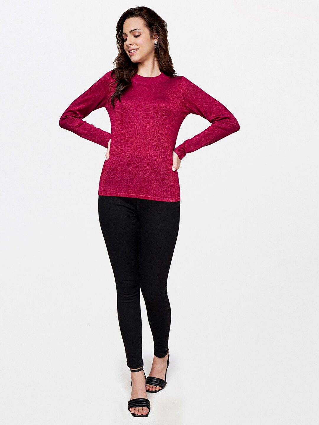 AND Burgundy Solid Round Neck Top