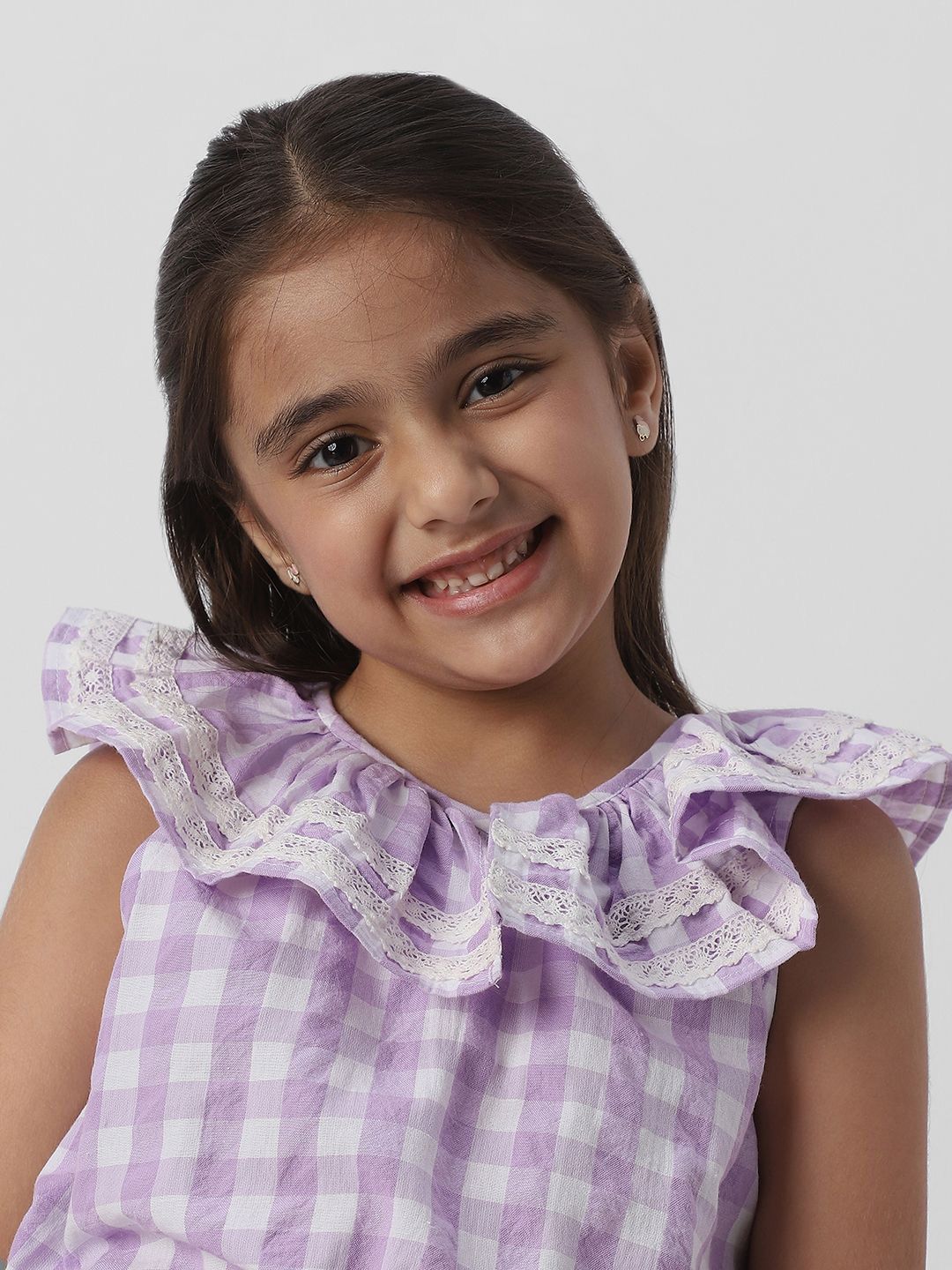 Nauti Nati Girls Checked Peter Pan Collar Cotton Cinched Waist Top