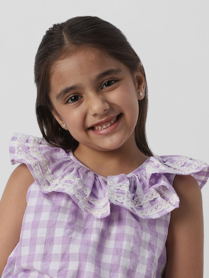 Nauti Nati Girls Checked Peter Pan Collar Cotton Cinched Waist Top