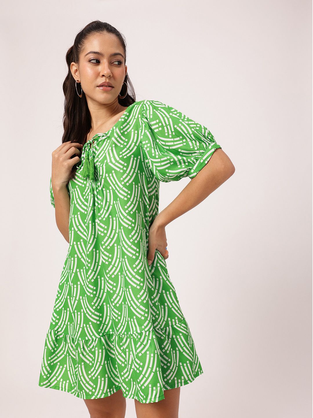 DressBerry Bold Shapes, Fresh Green Printed Gathered A-Line Mini Dress