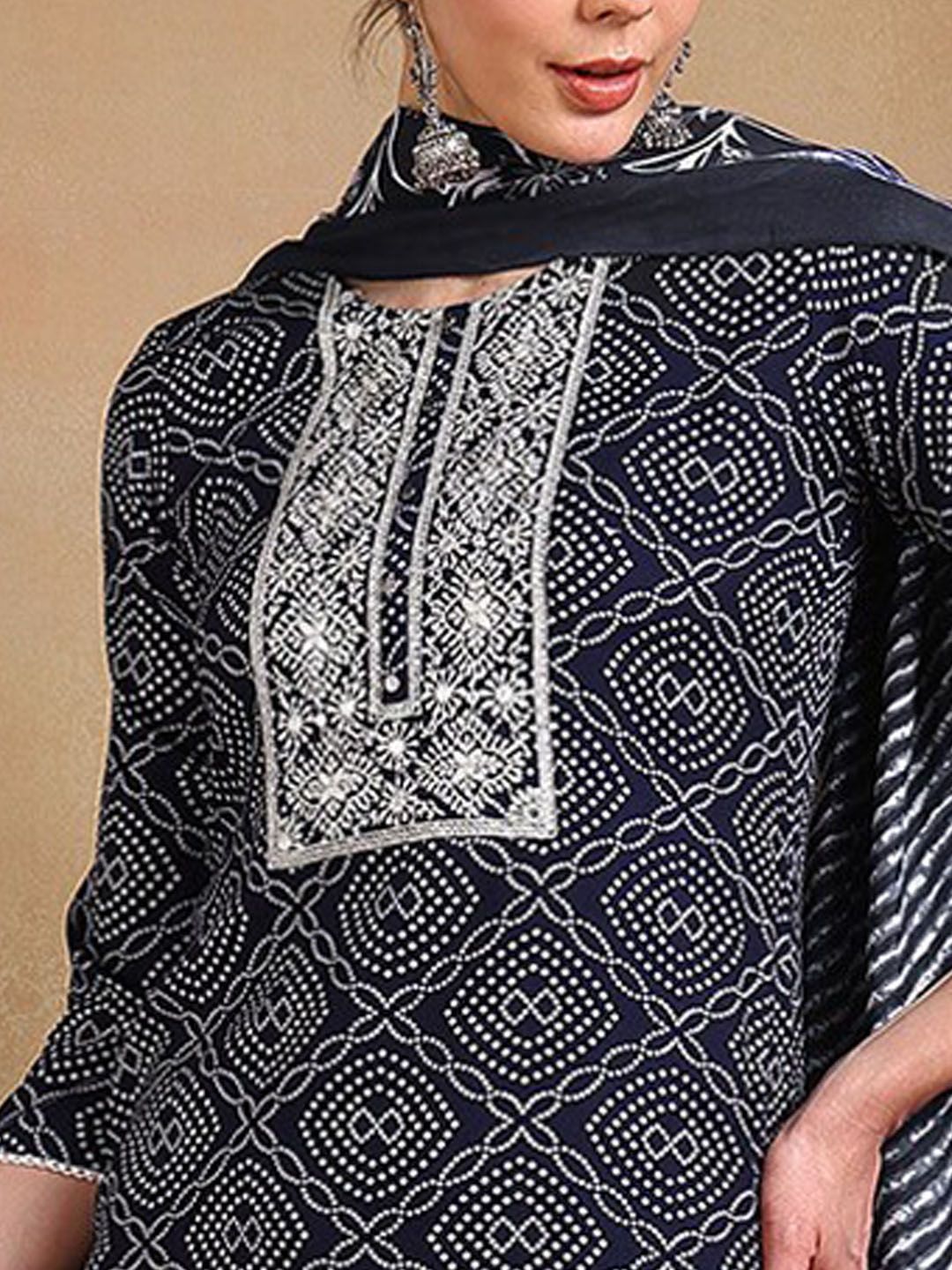 KALINI Women Bandhani Printed Regular Thread Work Kurta with Trousers & With Dupatta