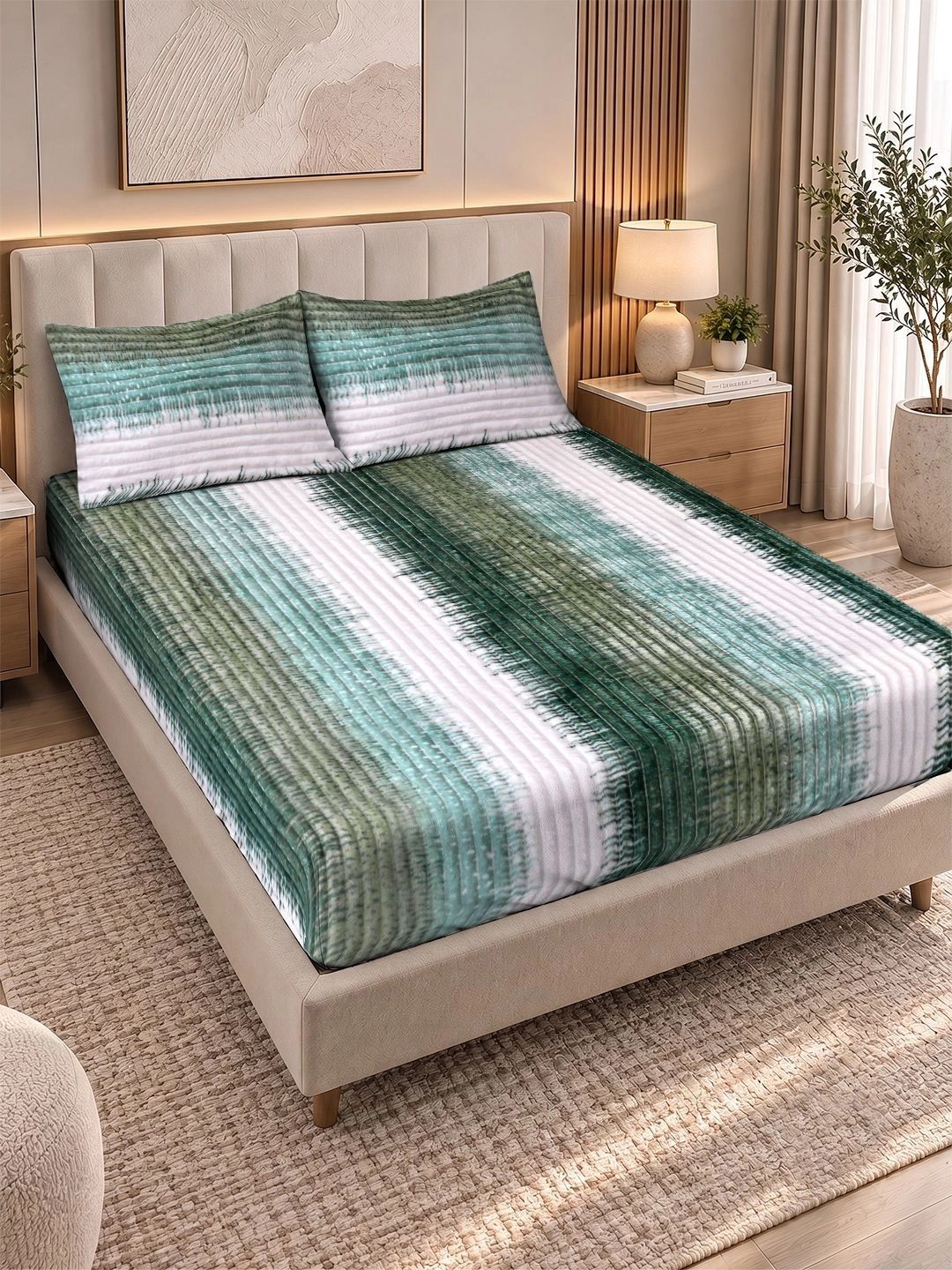 KLOTTHE Green & White Striped 300 TC King Bedsheet with 2 Pillow Covers