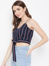 Berrylush Women Navy Blue Candy Striped Crop Top