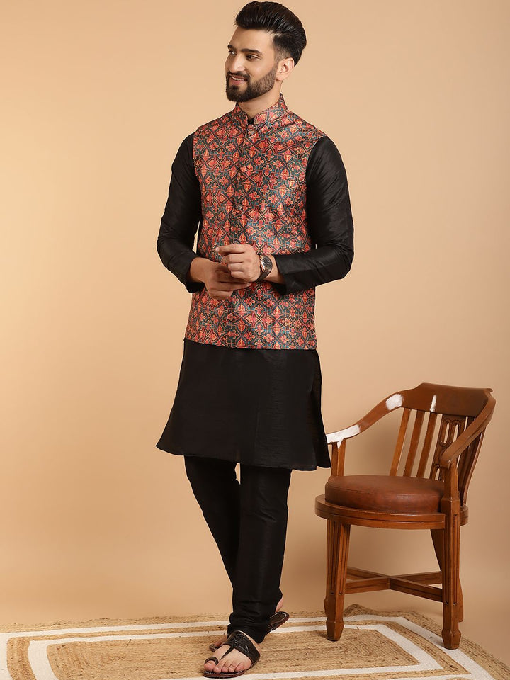SOJANYA Kurta Lelaki Hitam & Biru Laut dengan Jaket Churidar & Nehru Bercetak