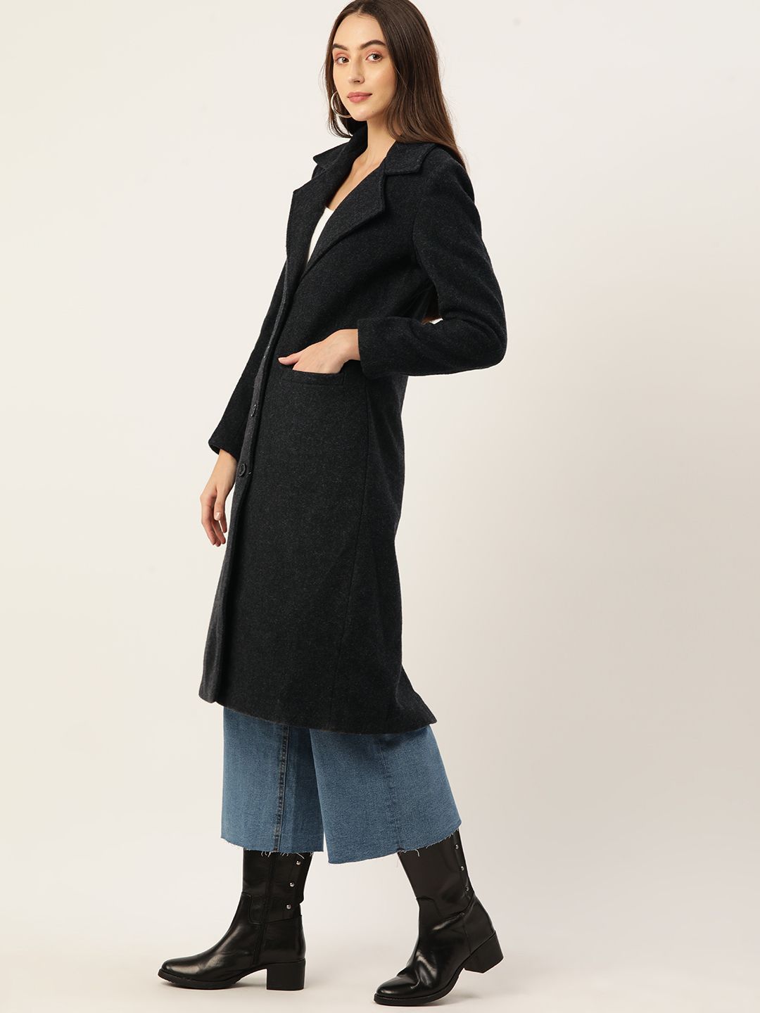 DressBerry Women Solid Fuzzy Longline Overcoat