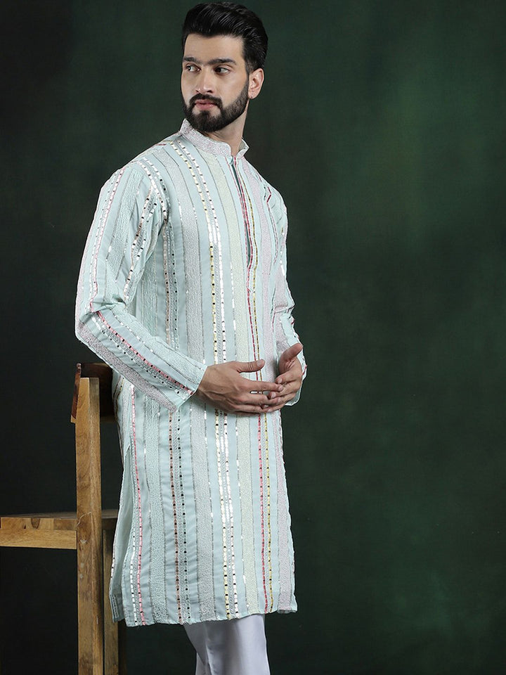 SOJANYA LUXE Striped Embroidered Mandarin Collar Thread Work Georgette Kurta