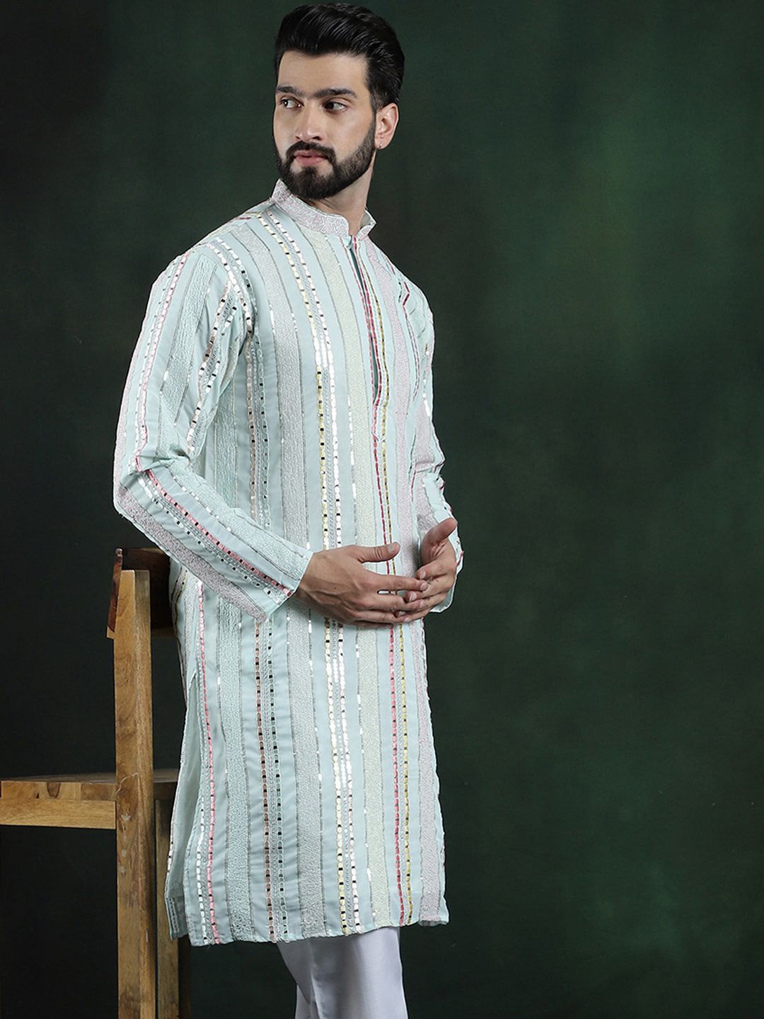 SOJANYA LUXE Striped Embroidered Mandarin Collar Thread Work Georgette Kurta