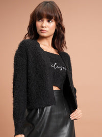 Tokyo Talkies Faux Fur Detail Shoulder Straps Acrylic Crop Top With Cardigan