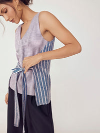 The Label Life Horizontal Striped V-Neck Sleeveless Tie-Ups Detail Cotton A-Line Top