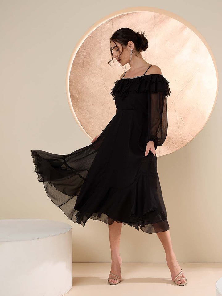 Antheaa Embellished Puff Sleeve frilled Fit and Flare Midi Dress