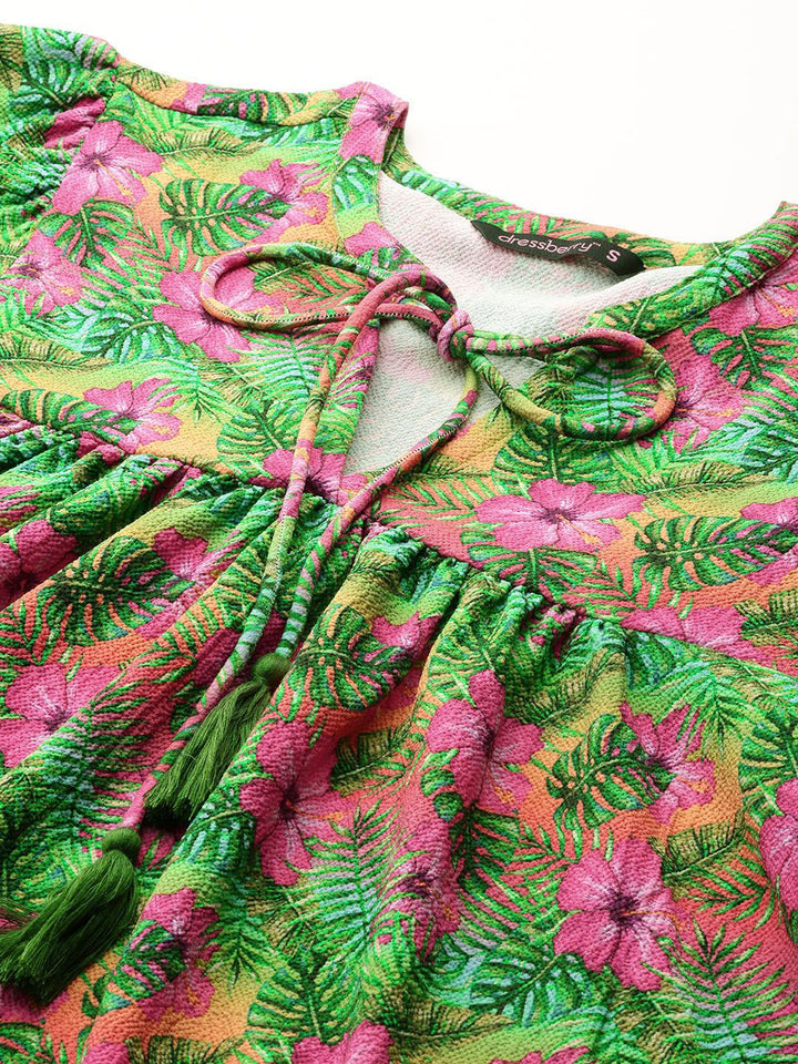 DressBerry Tropical Print Tie-Up Neck Puff Sleeves Empire Top