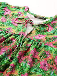 DressBerry Tropical Print Tie-Up Neck Puff Sleeves Empire Top