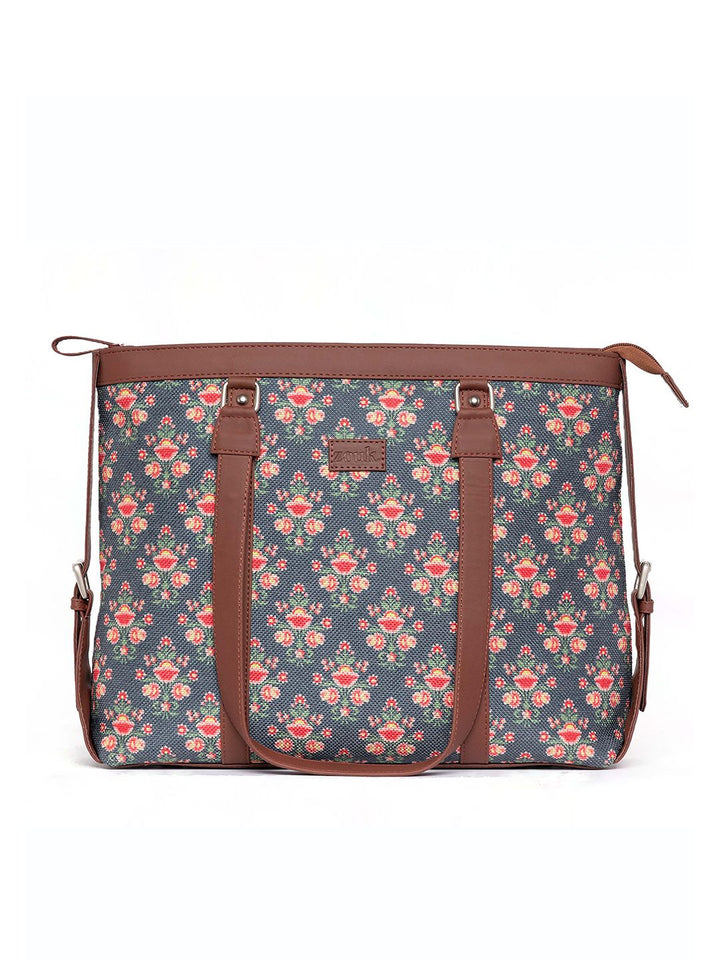 ZOUK Women Navy Blue & Brown Floral Laptop Structured Bag