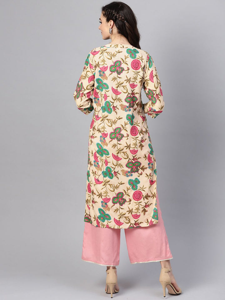 SOJANYA Women Beige & Green Printed Straight Kurta
