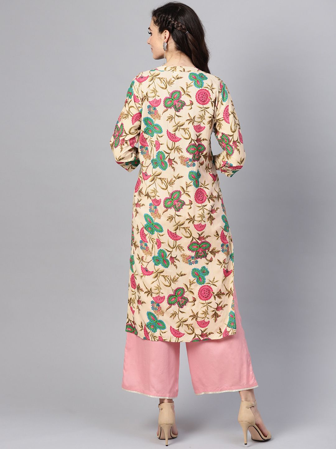 SOJANYA Women Beige & Green Printed Straight Kurta