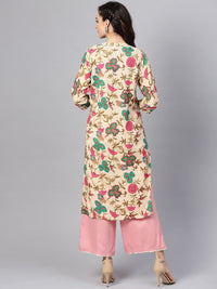 SOJANYA Women Beige & Green Printed Straight Kurta