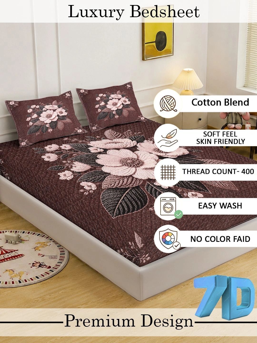 KLOTTHE Coklat & Pink Floral 400 TC Cadar King dengan 2 Sarung Bantal