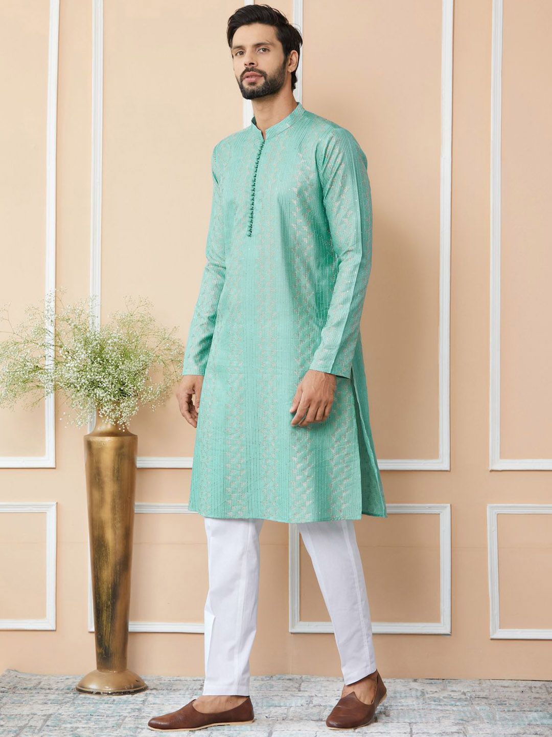 See Designs Embroidered Regular Sequinned Chanderi Silk Kurta with Pyjamas