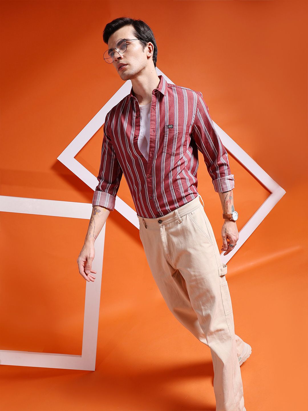 The Indian Garage Co Striped Slim Fit Classic Cotton Casual Shirt
