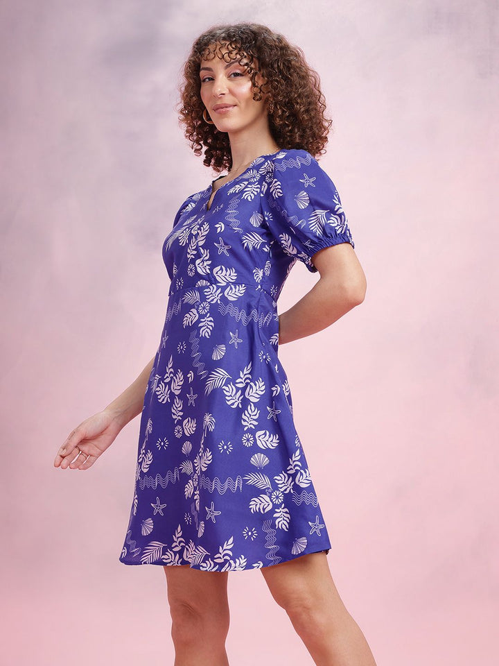DressBerry Printed Faux Wrap Puff Sleeve A-Line Dress