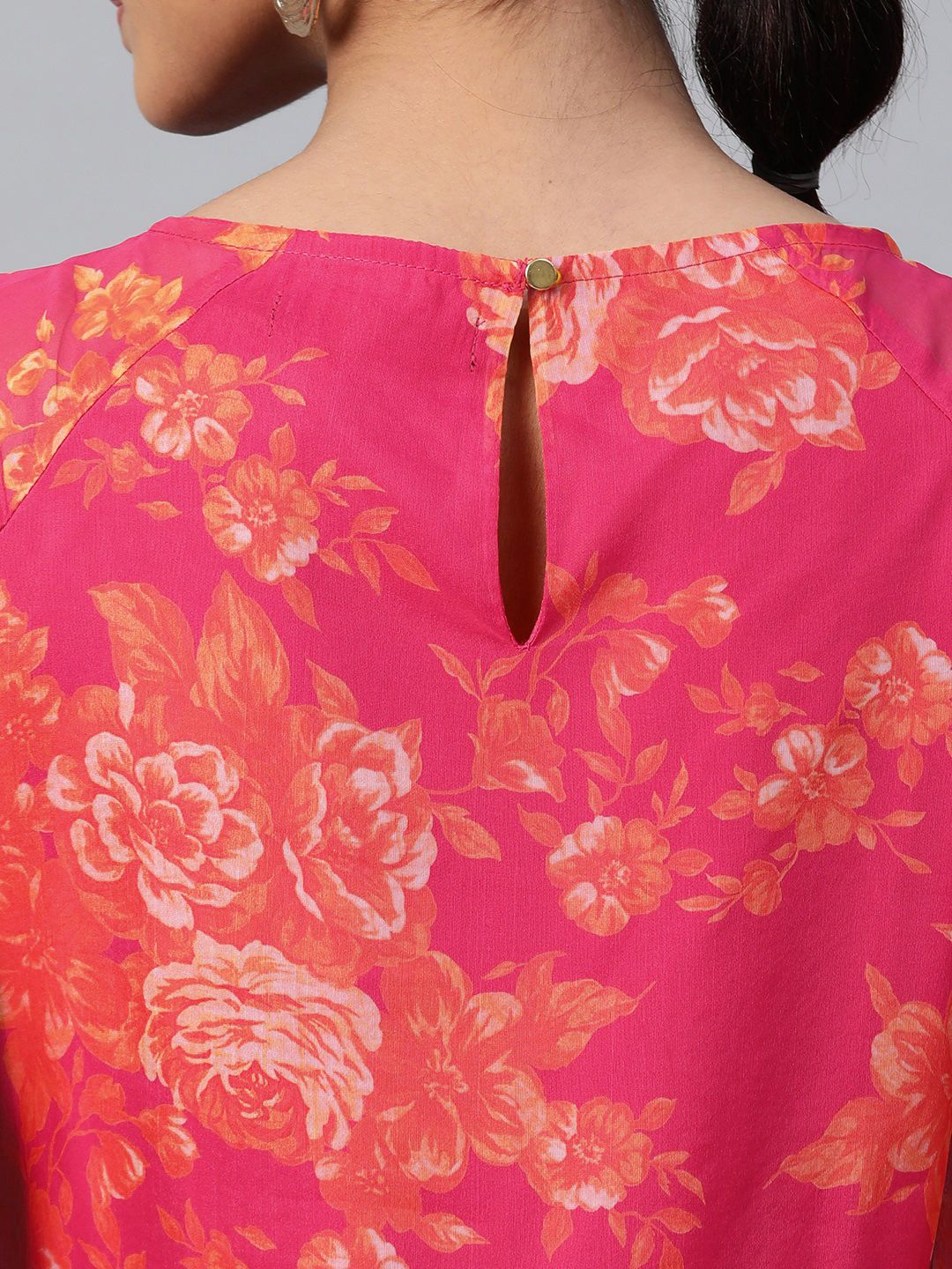SASSAFRAS Pink & Orange Floral Printed Tiered A-Line Dress With Puff Sleeves