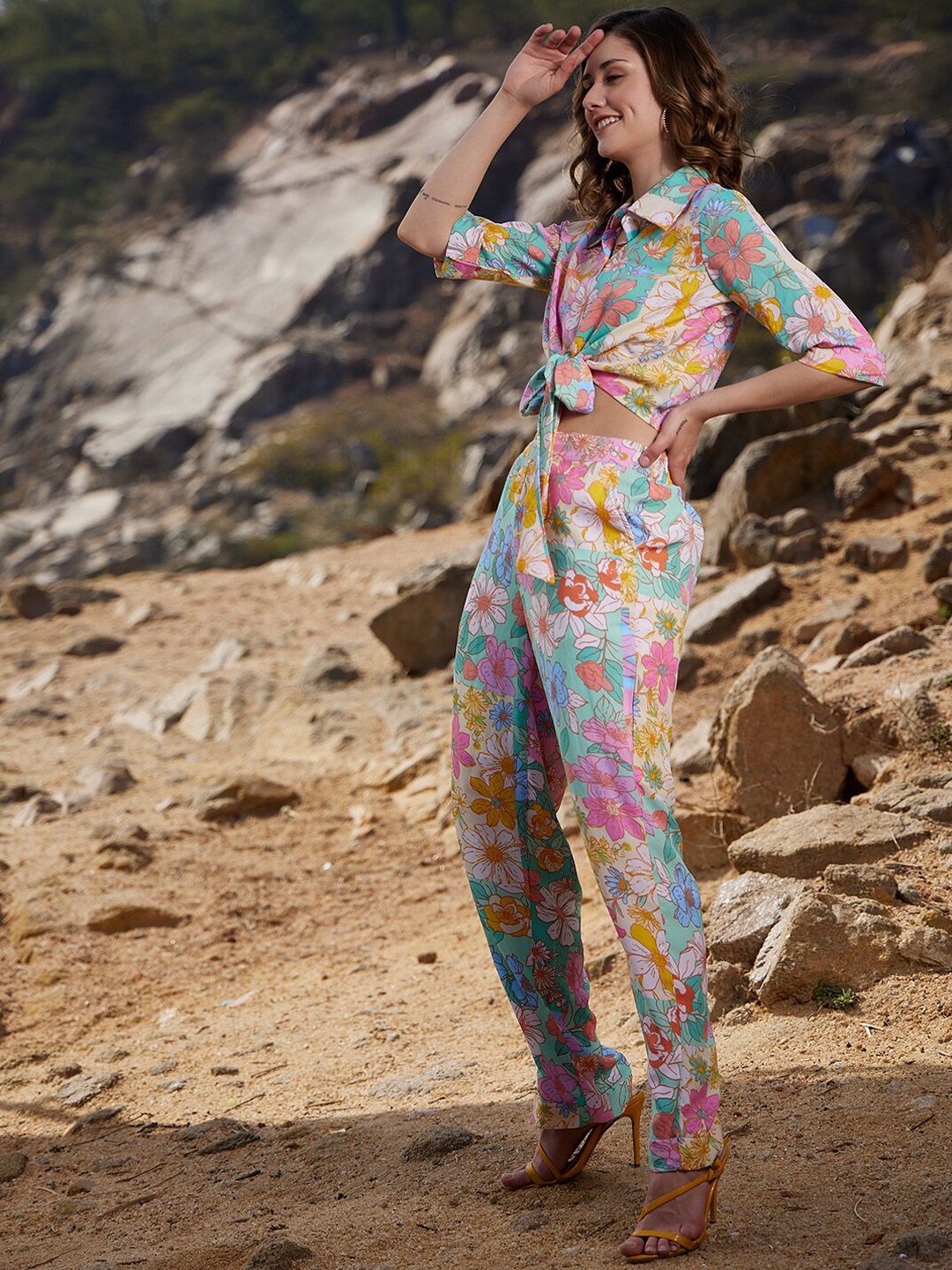 Athena Women Floral Printed Front Knot Co-Ord Set