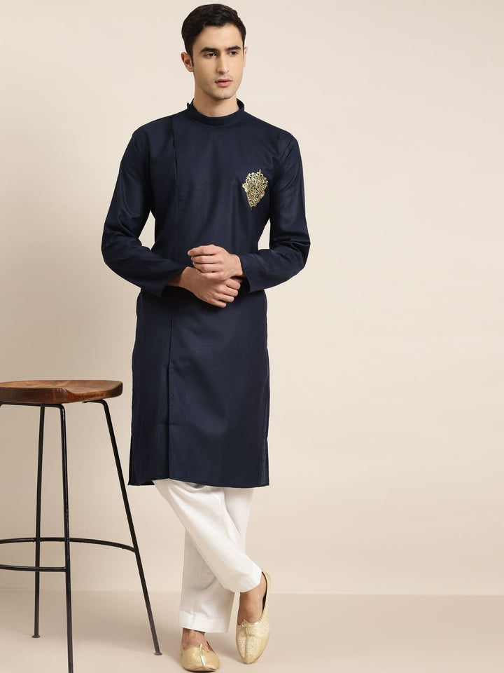 SOJANYA Men Navy Blue Thread Work Indigo Pure Cotton Straight Kurta