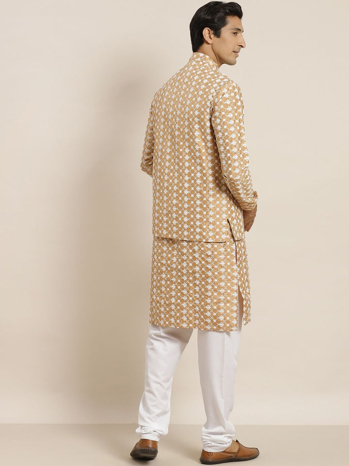 SOJANYA Men Beige & White Ethnic Motifs Embroidered Kurta with Churidar & Jacket