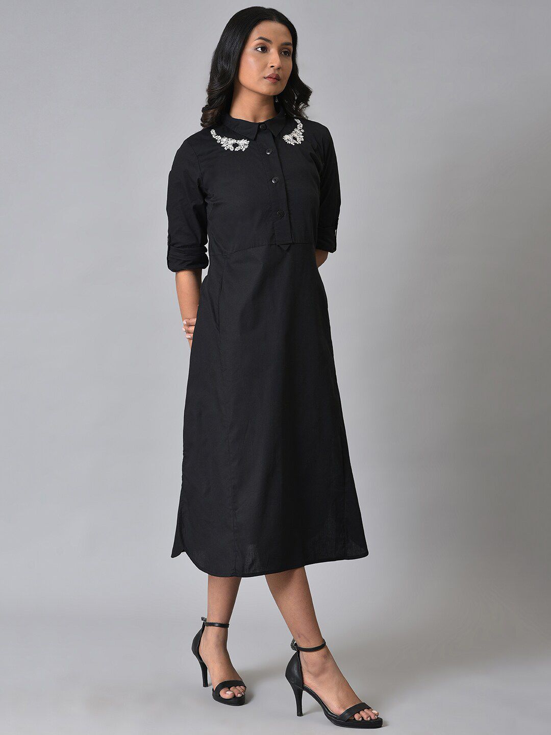 W Embroidered Shirt Collar Pure Cotton A-Line Midi Dress
