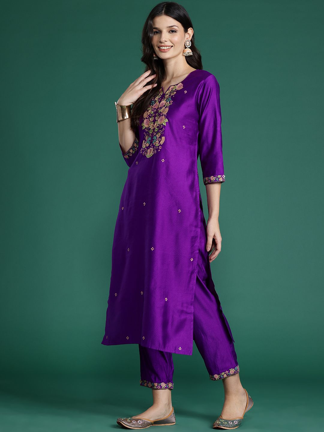 Indo Era Floral Embroidered Sequinned Liva Kurta With Trousers & Dupatta