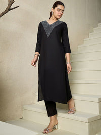 Indo Era Geometric Embroidered V Neck Pure Cotton Kurta