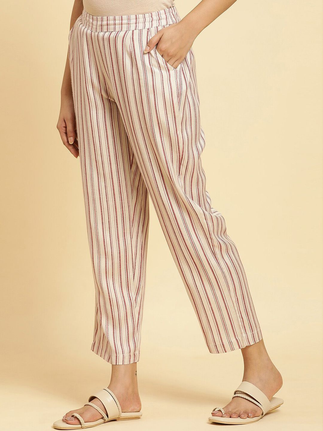 W Women Striped Straight Fit Mid Rise Plain Parallel Trousers
