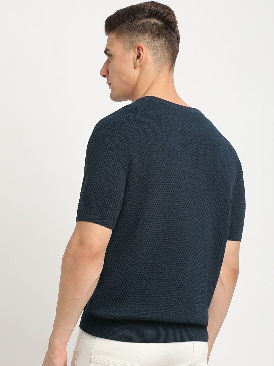 THE BEAR HOUSE Self Design Round Neck Drop-Shoulder Sleeves Cotton T-shirt