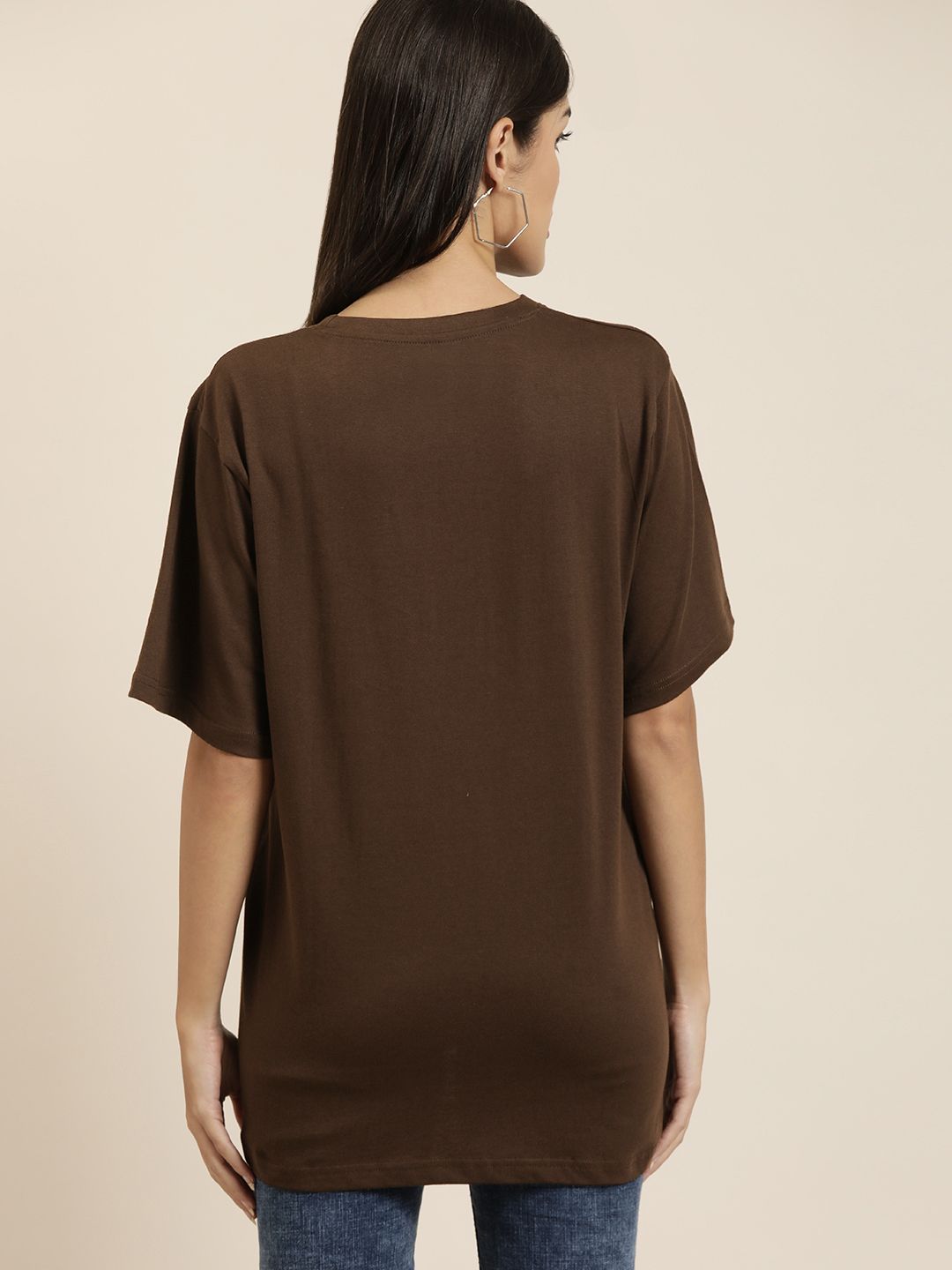 DILLINGER Women Brown Solid Pure Cotton Oversized T-shirt