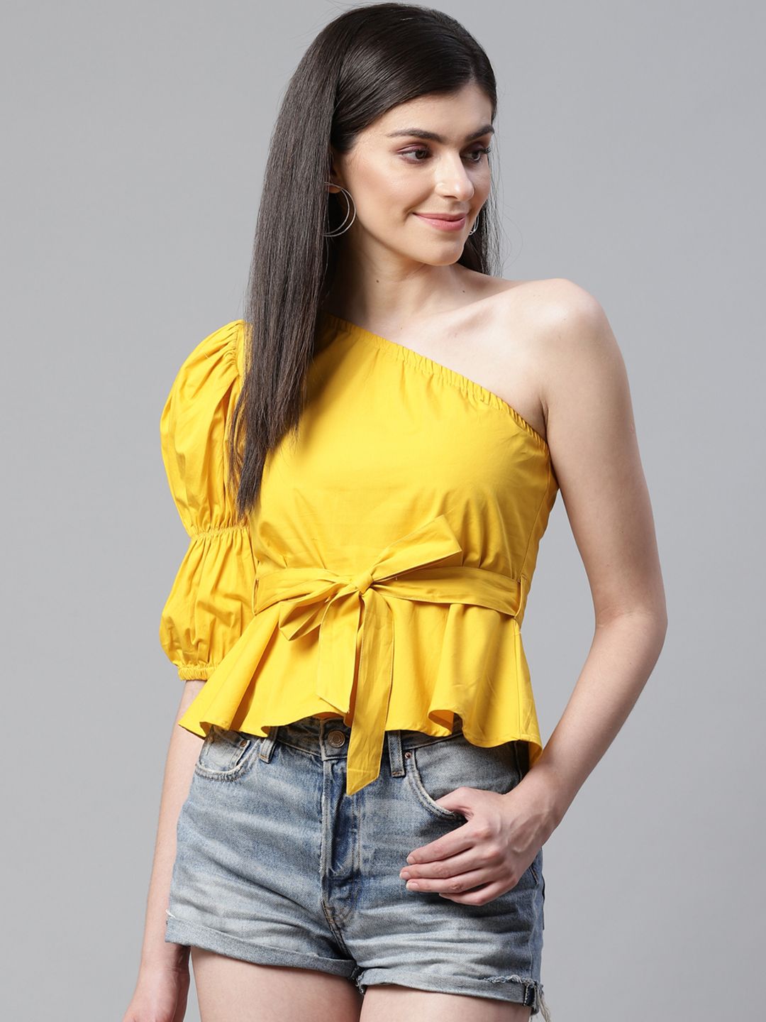 STREET 9 Yellow One Shoulder Cinched Waist Pure Cotton Top